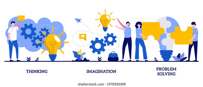 Thinking, imagination, problem solving concept with tiny people. Brain activity abstract vector illustration set. Brainstorming, idea and fantasy, motivation and inspiration, find solution metaphor.