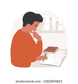 Thinking isolated cartoon vector illustration. Concentrated teenage boy doing homework, modern adolescents education, gain knowledge, study materials, learning school subjects vector cartoon.