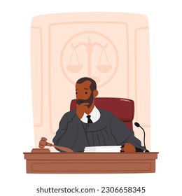 Thinking Judge Male Character Sitting At Desk, Contemplating In A Court Setting, Considering Evidence And Making Decisions, Uphold The Integrity Of The Legal System. Cartoon People Vector Illustration