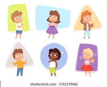 Thinking kids. Children asking question expression and question marks teens vector characters
