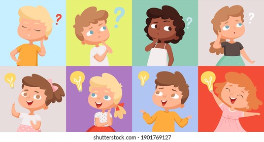 Thinking kids. Cute children have good idea. Find trouble solution teens vector avatars