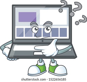 Thinking laptop cartoon mascot on white background.
