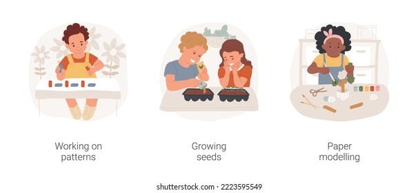 Thinking and learning skills development in daycare isolated cartoon vector illustration set. Working on patterns, growing seeds, paper modelling, drawing and music exercise vector cartoon.