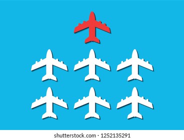Thinking like a leader airplane concept. One red plane leading six white planes on a blue background.