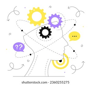 Thinking line concept. Head silhouette with gears and coghweels. Psychology and awareness, mental health. Logic processes and pensive, thoughtful character. Linear flat vector illustration