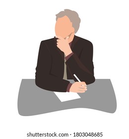 Thinking or listening businessman in a suit sitting at desk and holding a pan. Business man silhouette, flat vector illustration.