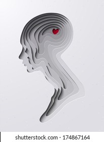 Thinking Of Love - Conceptual Valentine's Day Postcard With Layered Cut Out Paper  Human Profile.