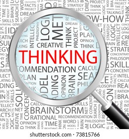 THINKING. Magnifying glass over background with different association terms. Vector illustration.