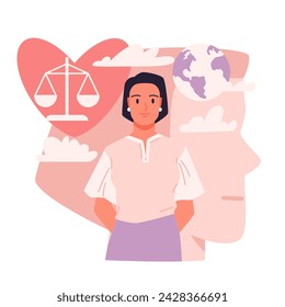 Thinking to make decision, psychology. Female character standing with balance scales of judgment for evaluation, abstract pink human head silhouette and clouds behind cartoon vector illustration