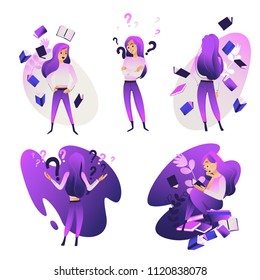 Thinking and making choice young beautiful girl set in trendy violet gradiented color isolated on white background. Cartoon woman character choosing surrounded by question marks and books.