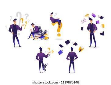 Thinking and making choice young man set in trendy violet gradient color isolated on white background - cartoon male character choosing surrounded by question marks and books.