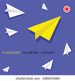 Thinking and making a difference move for success concept, for business. There are many white paper plane and the only yellow paper plane, they are going to the top of the target.  