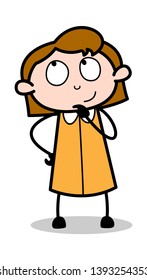 Thinking and Making Plan - Retro Office Girl Employee Cartoon Vector Illustration﻿