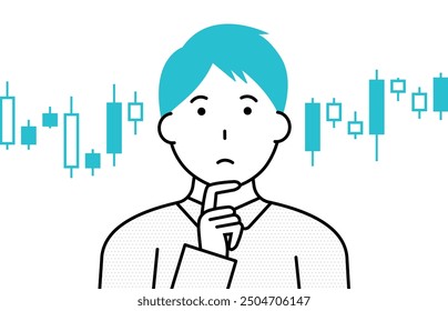 Thinking male investor with stock chart