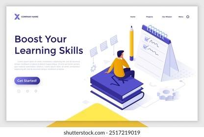 Thinking male student sitting on books stack near notepad. Learning skills boosting landing page isometric template. Maintaining efficient education plan creative 3d vector illustration for web page