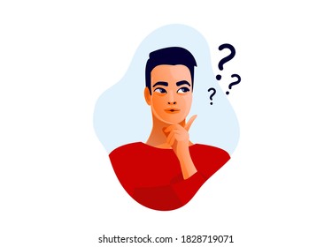 Thinking man. Beautiful face, doubts, problems, thoughts, emotions. Curious man questioning, question mark. Vector illustration