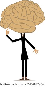 Thinking man with brain instead head. 
Wise person with big brain instead head. Isolated on white background
