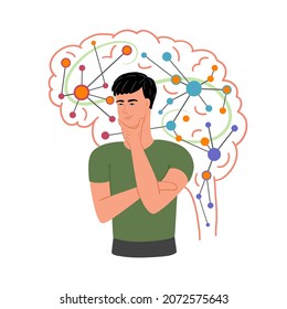 Pensar en el hombre con la silueta cerebral y los impulsos cerebrales.  Concepto de actividad cerebral. Ilustración vectorial.