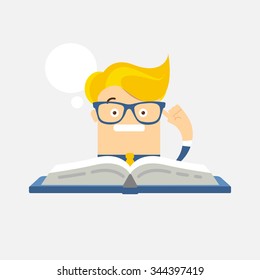 Thinking man character with glasses and open book searching know-how and answer.