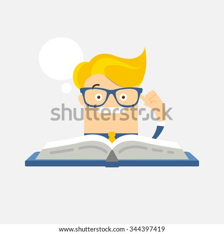 Thinking man character with glasses and open book searching know-how and answer.