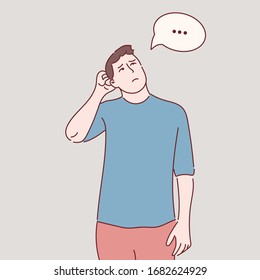 Pensando en el personaje del hombre. Hombre con la mano en la barbilla pensando en preguntas, expresión de la pensión. Dibujos de estilo vectorial dibujados a mano.
