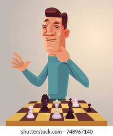 Thinking man character play chess. Vector flat cartoon illustration