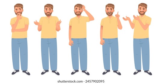 Thinking man. A character set of a guy who thinks, chooses, doubts, finds and points to a solution. Vector illustration in cartoon style