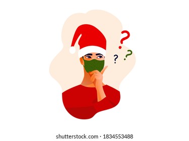 Thinking man in Christmas hat and mask. Beautiful face, doubts, problems, thoughts, emotions. Curious man questioning, question mark. Vector illustration