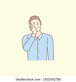 Thinking man with curious face. Office worker dreaming about success idea. Brainstorm process. Hand drawn vector illustration. Doodle style design.