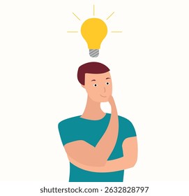 Thinking man with a glowing bulb above his head. Problem solving and finding a new idea