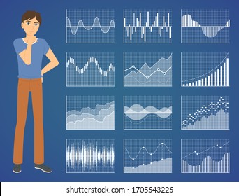 Thinking man and graph icons, diagram report, financial presentation. Male counting or brainstorming, profit symbol, chart technology, sale vector. Business data analysis. Flat cartoon