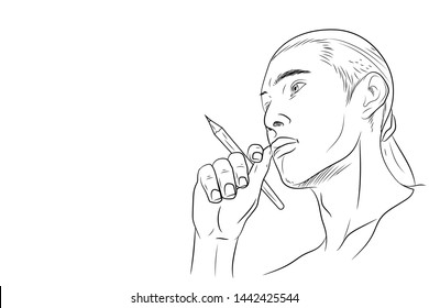 thinking man hold pencil Line art drawing