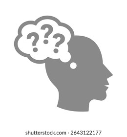 Thinking man with human head and question mark bubble. Curious mind, asking or confused and intelligence vector icon.