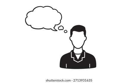 Thinking man icon representing thought cloud concept of person having an idea. Silhouette graphic design element for creative projects. Vector illustration isolated.
