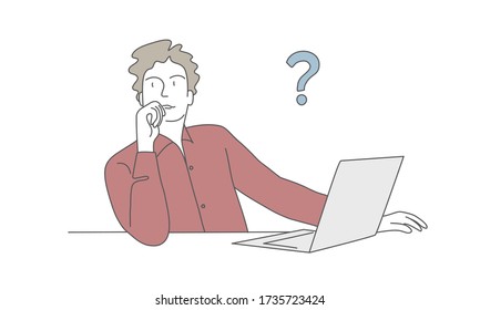Thinking man with laptop and question mark. Hand drawn vector illustration.