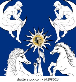 Thinking man on the moon with unicorn and horse, hands up with a flag and the woman head at the center
