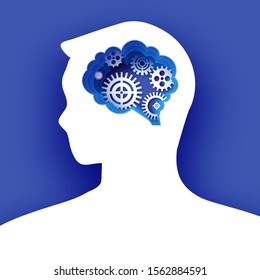 Thinking man in paper cut style. Origami Brainstorming. Brain, gears and cogs working together. Origami brain and thinking process, good idea, brain activity, insight. Blue background.