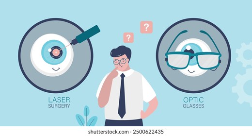 Thinking man with poor eyesight chooses between wearing glasses and laser vision correction. Medical surgery or glasses. Eyesight care. flat vector illustration