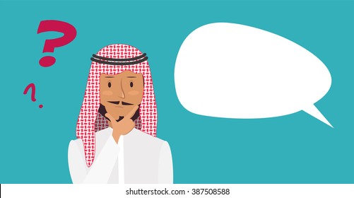 Thinking man with question mark and blank speech bubble. Cartoon vector illustration of arabic businessman wondering and doubting