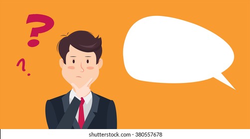 Thinking man with question mark. Cartoon vector illustration of businessman wondering and doubting. Eps 8