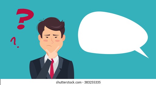 Thinking man with question mark. Cartoon vector illustration of asian businessman wondering and doubting.Eps 8