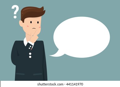 Thinking man with question mark. Cartoon vector illustration of businessman wondering and doubting. Eps 10.