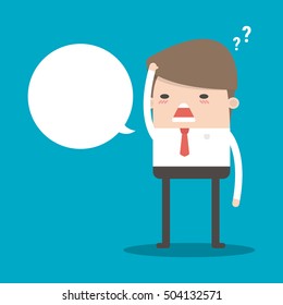 Thinking man with question mark. Cartoon vector illustration of businessman wondering and doubting. Eps 10.