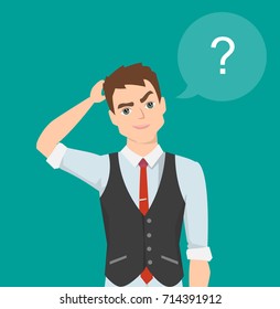Thinking man with question mark. Cartoon vector illustration