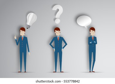 Thinking man with question mark and idea light bulb. Cartoon vector illustration of businessman in paper cut style 3d