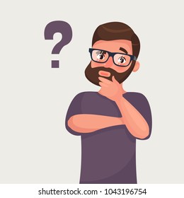 Thinking man with question mark. Vector illustration in cartoon style