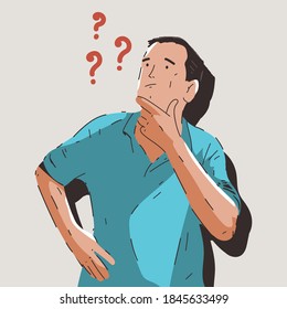 Thinking man with question marks. Vector cartoon illustration isolated on background.