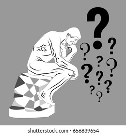 Thinking man and a lot of question marks. Vector illustration on a grey background.