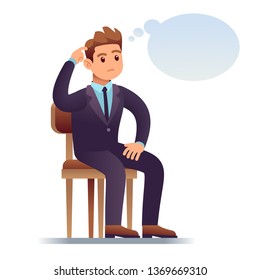 Thinking man. Scratching businessman sitting on chair with empty thinking bubble. Worried man in doubt vector illustration
