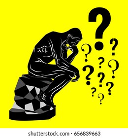 Thinking man silhouette and a lot of question marks. Vector illustration on a yellow background.